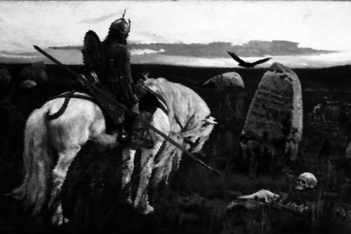 A dark, distorted, halftone image of an armored knight with a spear and shield on a white horse looking at a stone with runes. A human skull lays nearby while a black bird flies overhead.